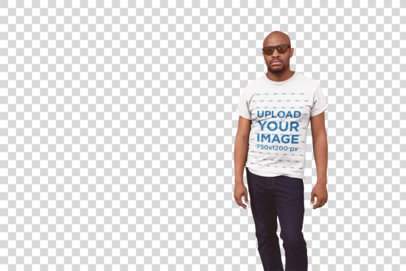 Transparent Mockup Featuring a Middle-Aged Man Wearing a T-Shirt Against a Brick Wall