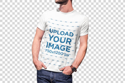 Transparent T-Shirt Mockup of a Bearded Man Leaning on a Brick Wall