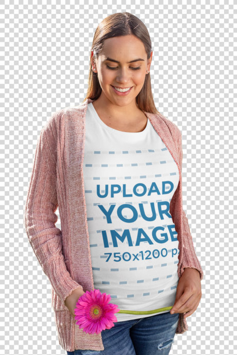 Transparent T-Shirt Mockup of a Pregnant Woman in a Flowery Scenario