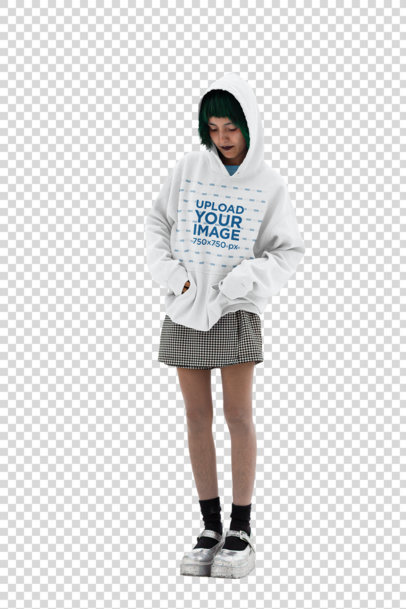 Transparent Pullover Hoodie Mockup of a Goth Woman Wearing Platform Shoes on a Rooftop 