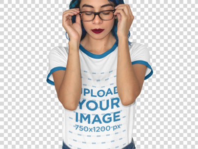 Transparent Ringer T-Shirt Mockup of a Pretty Edgy Woman Holding her Glasses