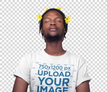 Transparent T-Shirt Mockup of a Man Meditating with Flowers on his Head