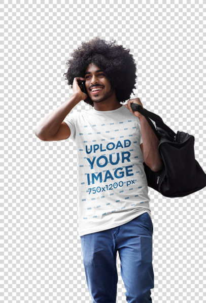 Transparent T-Shirt Mockup of a Man on the Phone Walking on the Street