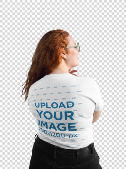 Transparent Back View T-Shirt Mockup of a Red-Haired Woman Facing a Lake