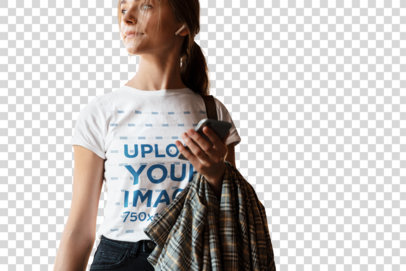 Transparent T-Shirt Mockup of a Young Woman in a Casual Outfit