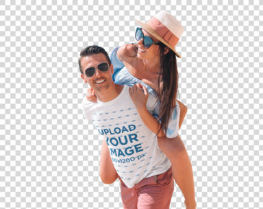 Transparent T-Shirt Mockup of a Man Carrying His Girlfriend on His Back 