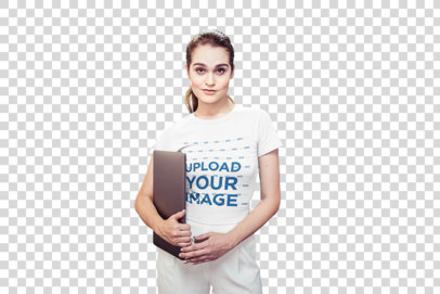 Transparent Woman Wearing a Tshirt Mockup Holding a Laptop in a Corridor at the Office