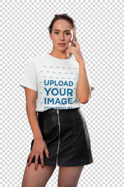 Transparent Mockup of a Pretty Woman Wearing a T-Shirt and a Leather Skirt