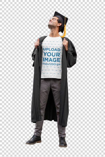 Transparent T-Shirt Mockup Featuring a Proud Young Man Wearing a Graduation Gown 