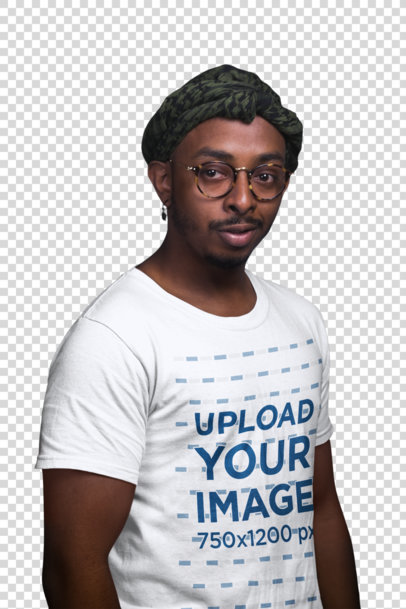 Transparent T-Shirt Mockup of a Man with Glasses and Earrings 