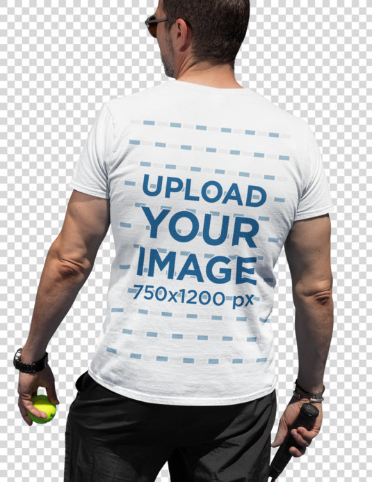 Transparent Back View T-Shirt Mockup Featuring a Man Holding a Tennis Ball