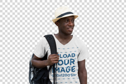 Transparent Mockup of a Tourist Wearing a V-Neck Tee on the Street