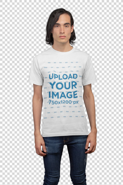 Transparent Front Shot Tshirt Mockup Featuring a Man with Black Hair in a Photo Studio