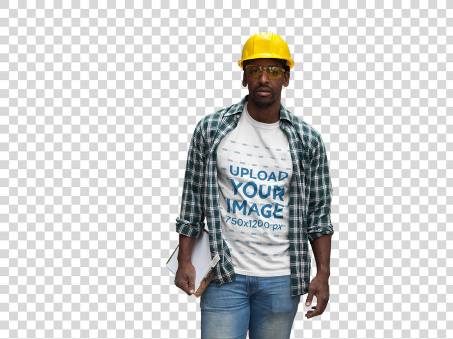 Transparent Man Wearing a T-Shirt Mockup and a Plaid Shirt at the Warehouse