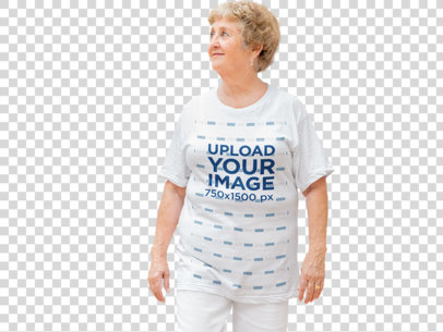 Transparent Smiling White Elderly Woman Wearing a T-Shirt Mockup