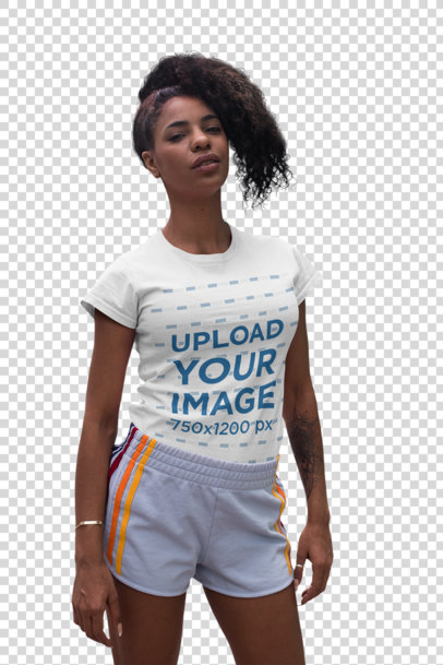 Transparent Mockup of a Woman with Kinky Hair Wearing a T-Shirt and a Workout Short