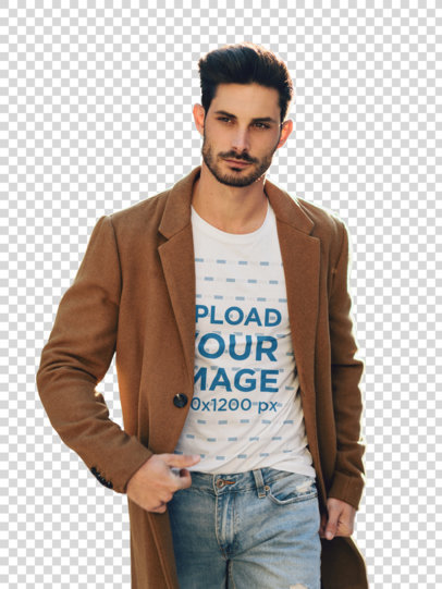 Transparent T-Shirt Mockup of a Trendy Man with a Coat Walking 37634-r-el2