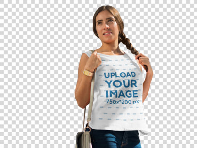 Transparent T-Shirt Mockup of a Woman Walking While Holding her Braid