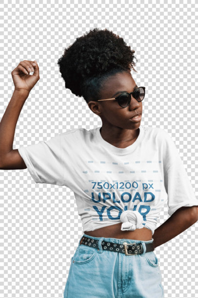 Transparent Mockup of a Kinky-Haired Woman Wearing a Knotted Tee