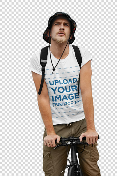 Transparent Mockup of a Man with a Basic Tee Riding a Bike