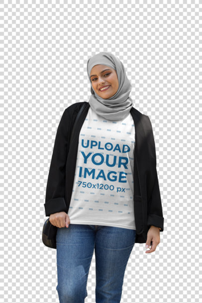 Transparent T-Shirt Mockup of a Woman with a Hijab and a Blazer 