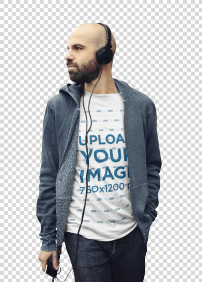 Transparent Heather T-Shirt Mockup Featuring a Bearded Man Listening to Music 37533-r-el2