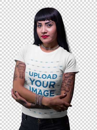 Transparent T-Shirt Mockup of a Tattooed Woman Wearing Metal Accessories a17147