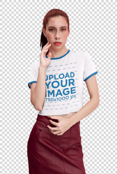 Transparent Crop Top Ringer Tee Mockup of a Red Haired Woman Against a Pink Background 