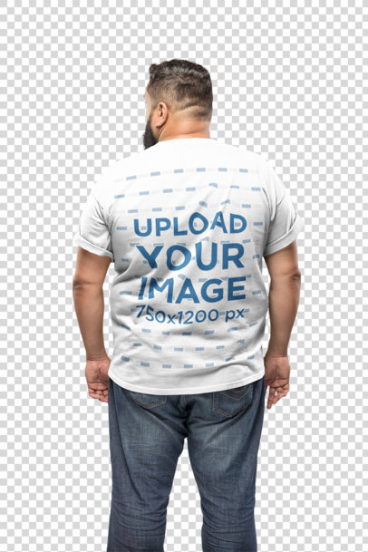 Transparent Back of a Plus Size T-Shirt Mockup of a Man Against a White Wall