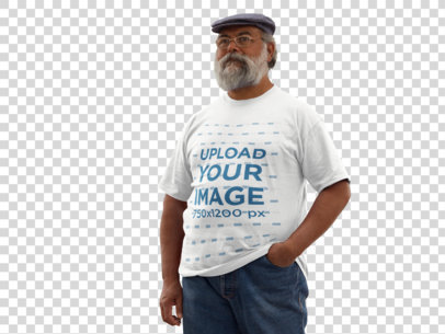 Transparent T-Shirt Mockup of a Hispanic Elder Man at a Promenade