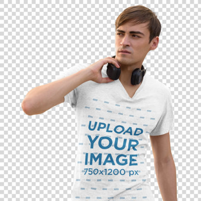 Transparent Heathered T-Shirt Mockup of a Man with Headphones on the Street