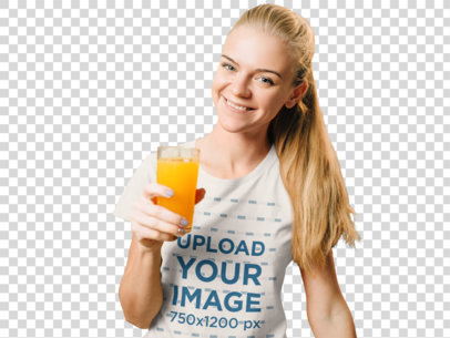 Transparent T-Shirt Mockup of a Woman Drinking Orange Juice