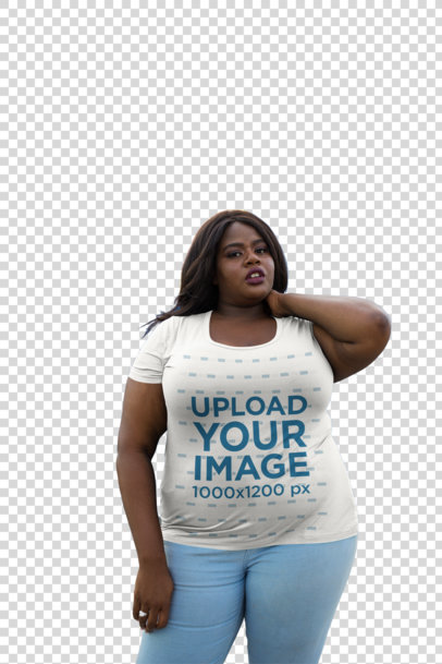 Transparent Plus Size Round Neck T-Shirt Mockup Featuring a Woman Outside a Blue and Orange Store