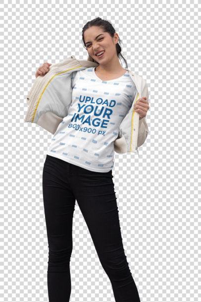 Transparent Mockup of an Edgy Woman Showing off Her Sublimated V-Neck Tee
