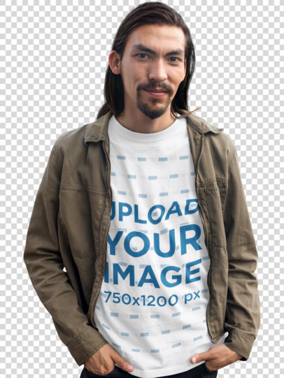 Transparent T-Shirt Mockup of a Smiling Man with Long Hair and Beard 