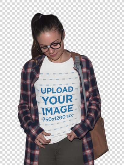 Transparent T-Shirt Mockup of a Nerdy Woman with Glasses Wearing Plaid Shirt