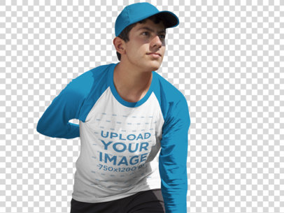 Transparent Raglan T-Shirt Mockup of a Teenager Pitcher with a Cap a16408