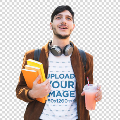 Transparent T-Shirt Mockup of a Happy Man Holding Books and a Glass of Juice