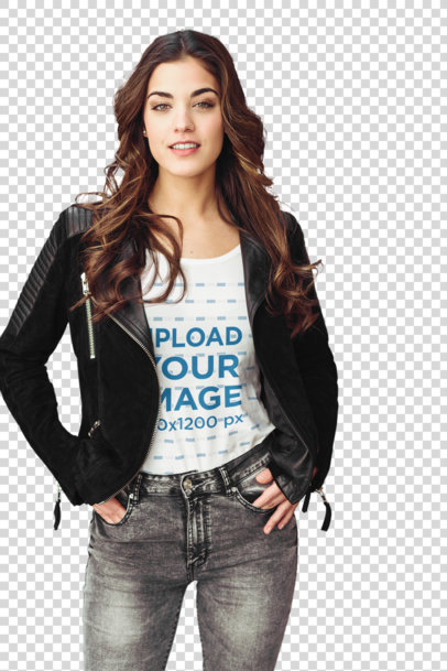 Transparent Mockup of a Stylish Woman Wearing a T-Shirt with a Black Jacket 40234-r-el2