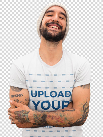 Transparent T-Shirt Mockup of a Happy Man with a Beanie and Tattoos