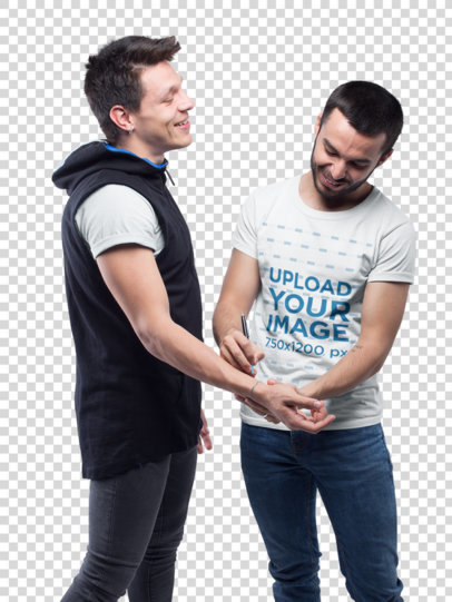 Transparent LGBT Shirts Mockup of a Man Drawing his Boyfriends Hand Wearing a T-Shirt
