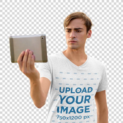 Transparent V-Neck Tee Mockup of a Serious Man Holding a Tablet 