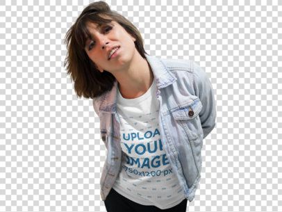 Transparent Young Woman Having Fun While Wearing a Round Neck Tee Near Closed Stores Template