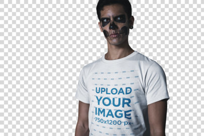 Transparent T-Shirt Mockup Featuring a Man Wearing Skeleton Makeup