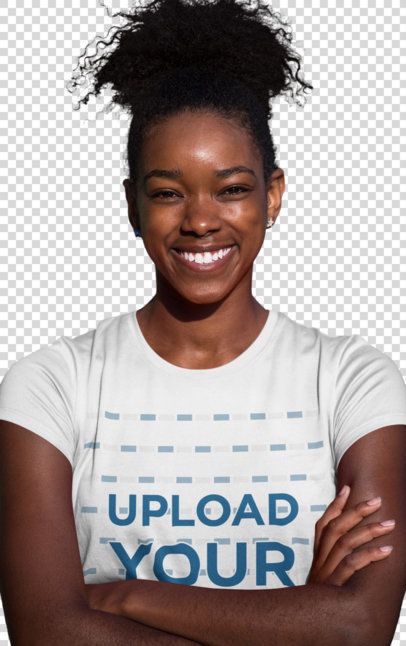 Transparent Mockup of a Smiling Woman Wearing a Round Neck Tee