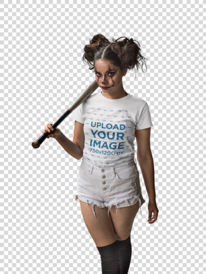 Transparent Round Neck Tee Mockup Featuring a Girl with Halloween Clown Makeup and a Baseball Bat 22924