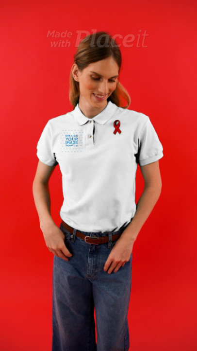 Polo Shirt video of a Woman Wearing a Red Ribbon for World AIDS Day