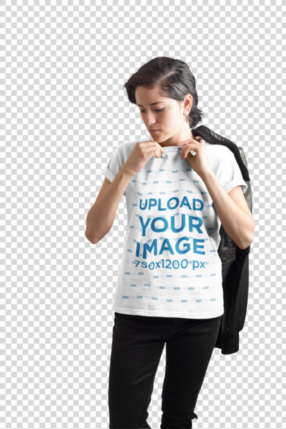 Transparent T-Shirt Mockup of a Woman Carrying a Leather Jacket