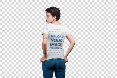 Transparent Back Shot Mockup of a Woman Wearing a T-Shirt and Pulling it Down