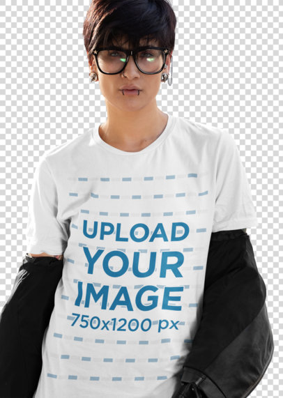 Transparent T-Shirt Mockup of an Edgy Woman with an Androgynous Style